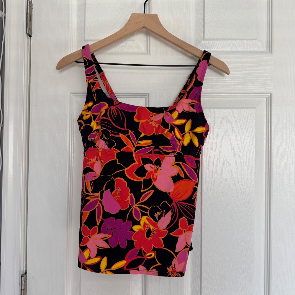 Lands End Womens Floral Tankini Top Black Pink Orange Tropical Swimwear Size 8